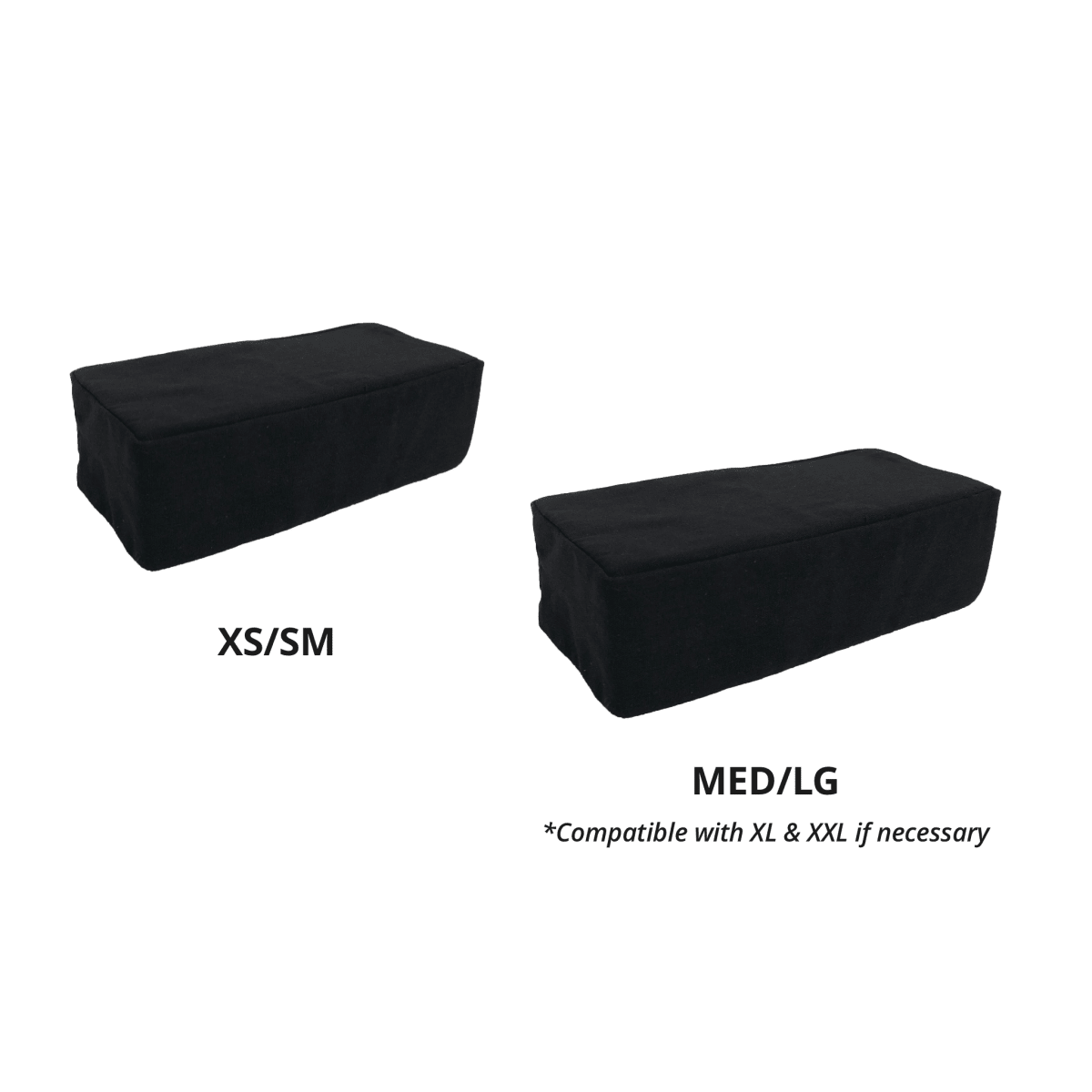 Two black rectangular cushions labeled 'XS/SM' and 'MED/LG' on a white background.