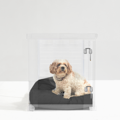Charcoal cushion inside Hiddin Medium Clear Pet Crate