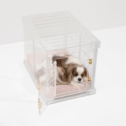 Blush cushion detail in Hiddin Small Clear Pet Crate