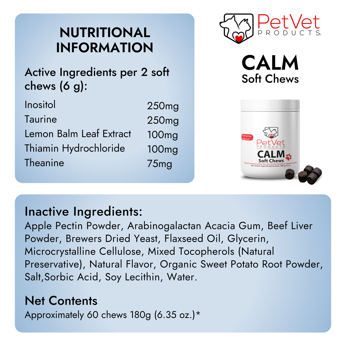 Imagen de características de Pet Vet Products® Premios blandos calmantes para perros - 60 unidades, 6 de 6