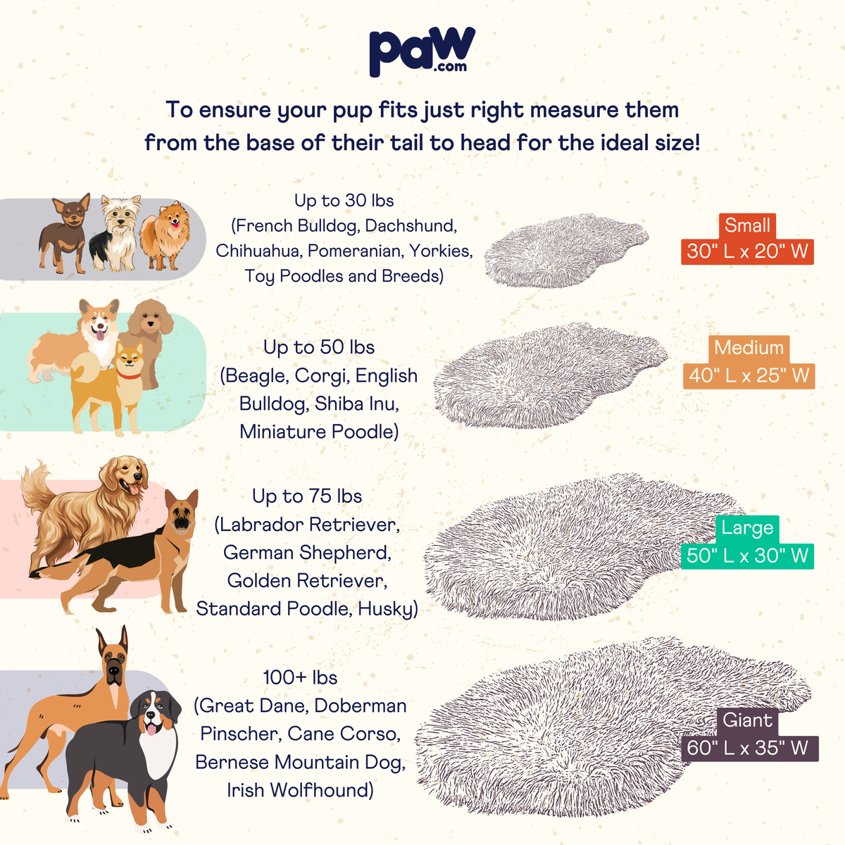 PupRug Luxe dog bed size chart