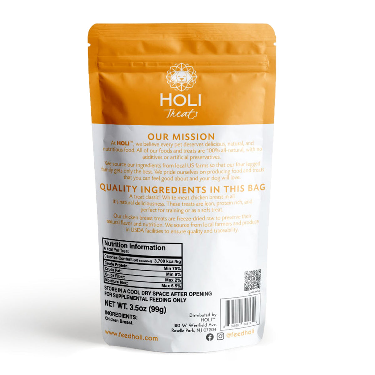 Back of HOLI Freeze-Dried Chicken Breast Dog Treats package