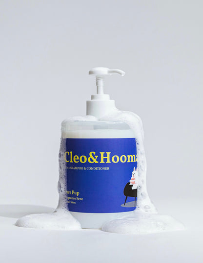 Cleo & Hoom pet shampoo and conditioner bottle on a white background