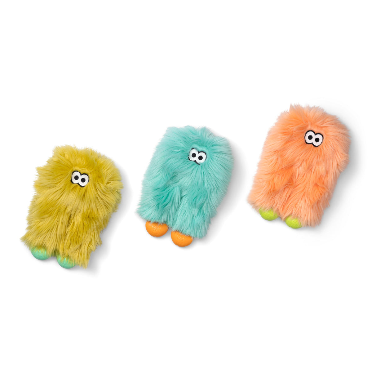 Group view showing Astrid Rowdies plush dog toy options in citrus, melon and seafoam