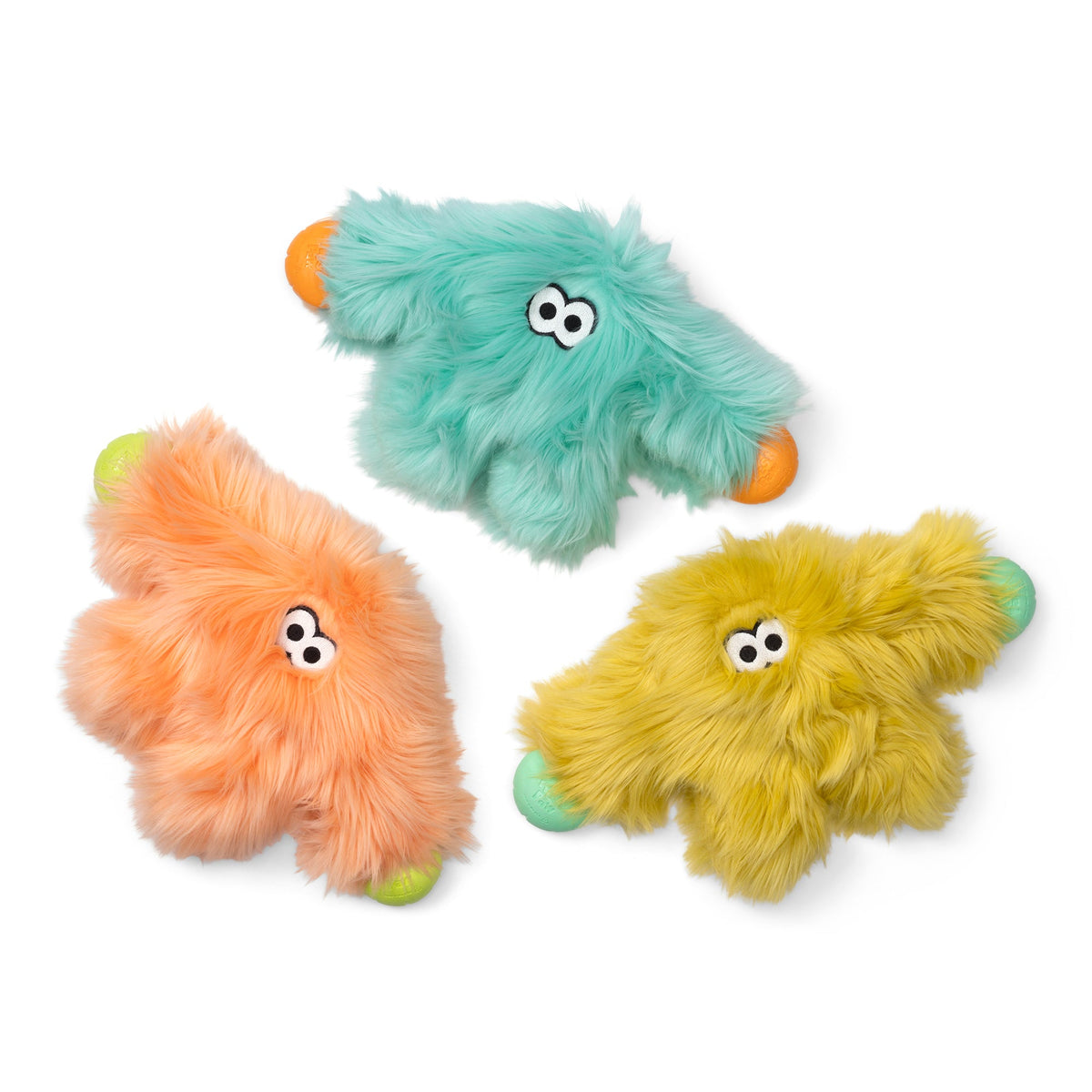 Group view showing Helga Rowdies plush dog toy options in citrus, melon and seafoam