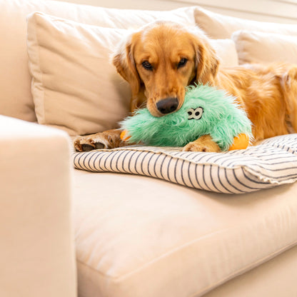 Lifestyle view of Helga Rowdies plush dog toy in use in seafoam — view 2