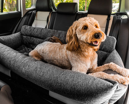 Dog riding in the performance tweed dog car bed