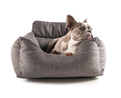 Small dog sitting in the performance tweed car bed