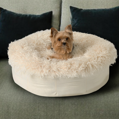 PupPouf luxe faux fur donut dog bed in plush sheep ivory