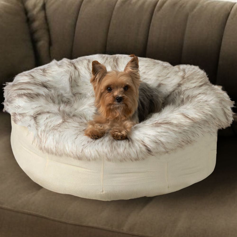 PupPouf faux fur donut dog bed - lifestyle view