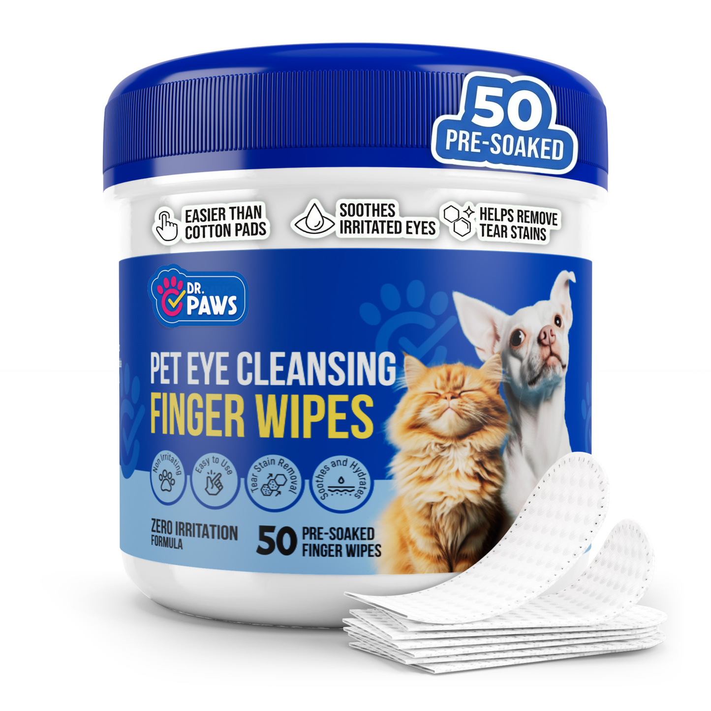 Dr. Paws pet eye cleansing finger wipes container with cats on a white background