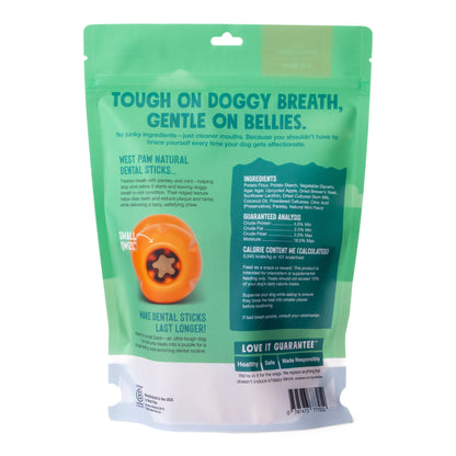 Back of the West Paw Natural Dental Sticks Small package with ingredients and feeding information.