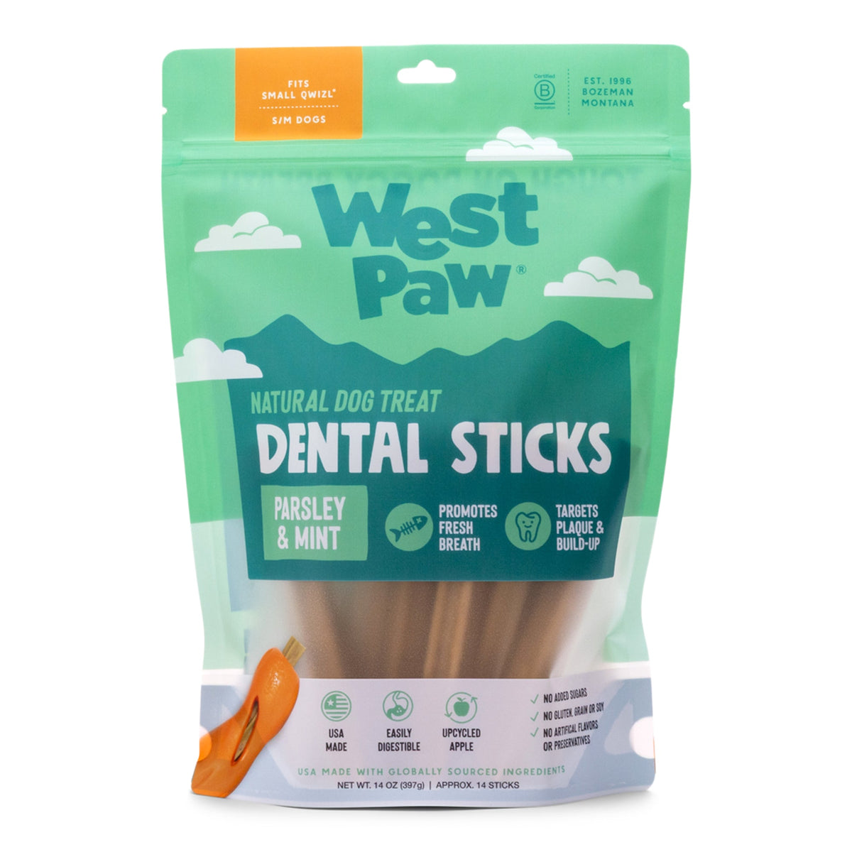 Front of the West Paw Natural Dental Sticks Small 14 oz package.