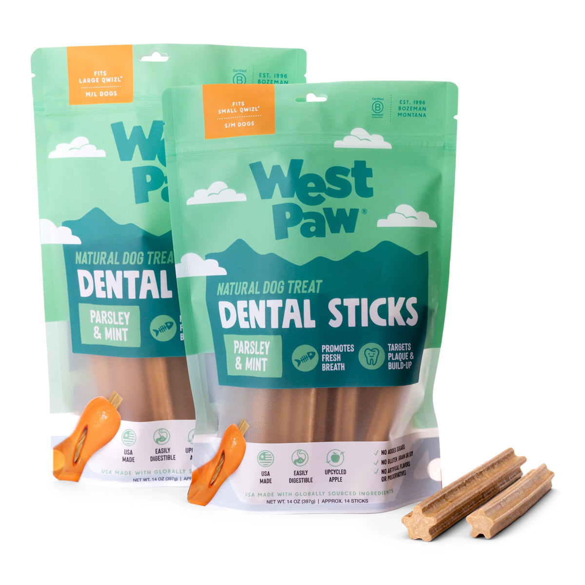 Small and Large West Paw Natural Dental Sticks packages with loose treats.