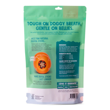 Back of the West Paw Natural Dental Sticks Large package with ingredients and feeding information.