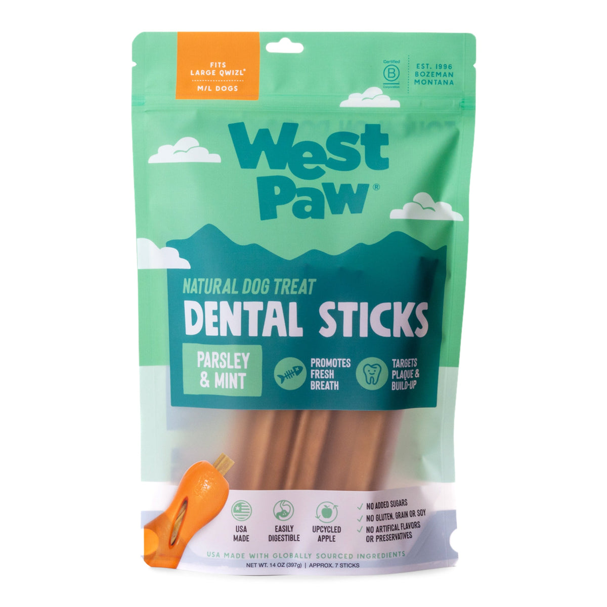 Front of the West Paw Natural Dental Sticks Large 14 oz package.
