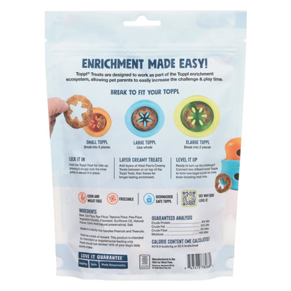 Back of the Toppl Treat package with fit guide, ingredients, and enrichment directions.