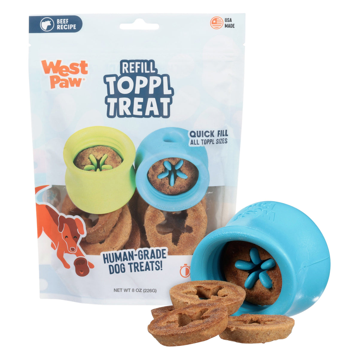 Toppl Treat package beside a blue Toppl toy filled with treats.