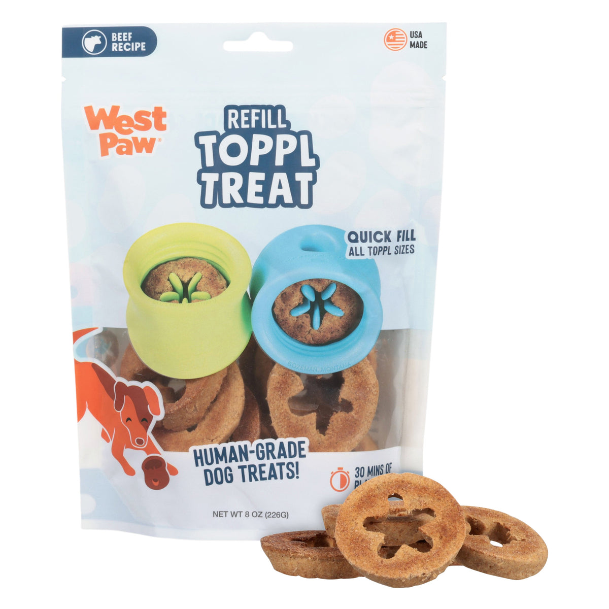 West Paw Toppl Treat package with several loose flower-shaped treats.