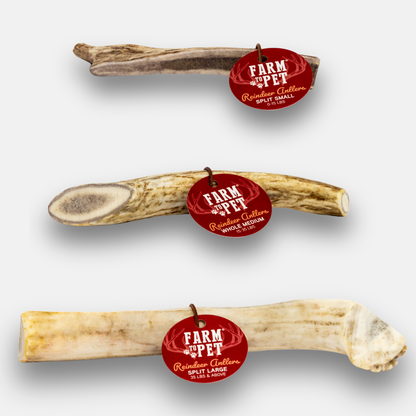 Overview of Farm To Pet whole and split reindeer antler dog chews