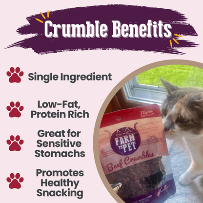 Cat looking at a 'Farm to Pet' beef crumbles package with text about crumble benefits.