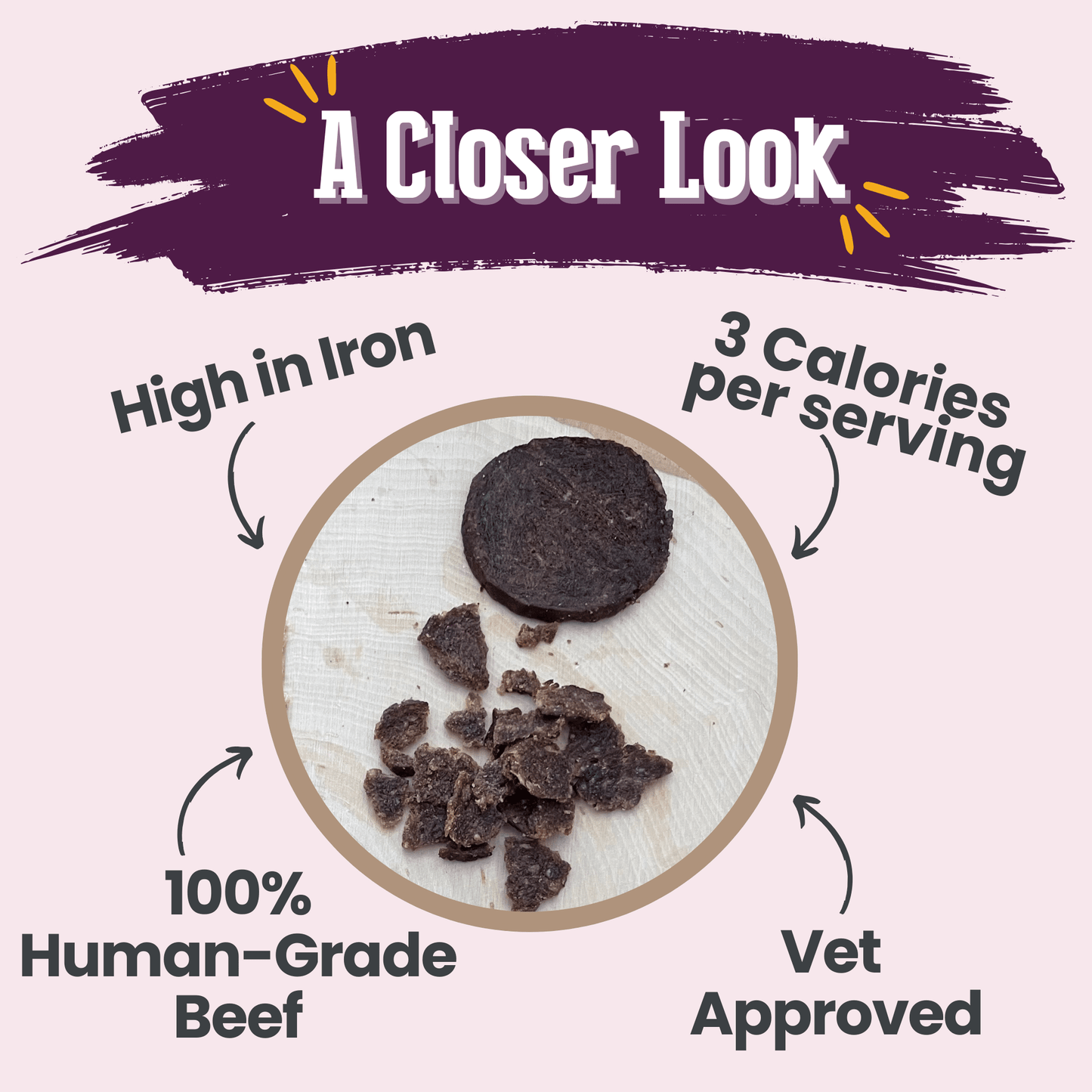 Beef product with text highlighting its attributes on a light pink background