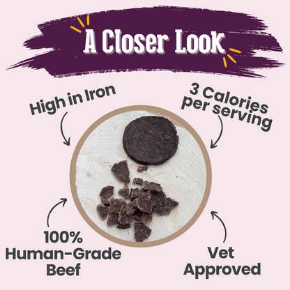 Beef product with text highlighting its attributes on a light pink background