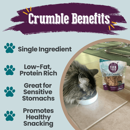 Cat eating from a bowl with a bag of Farm Fresh Pet Crumble, featuring benefits text on a light blue background.