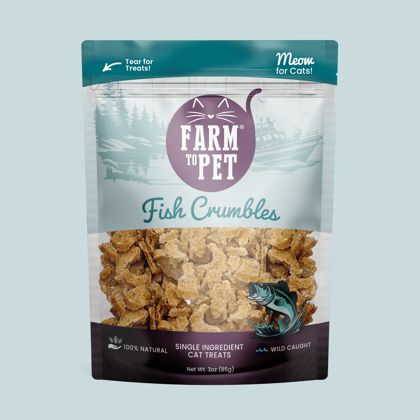 Package of Farm to Pet Fish Crumbles cat treats on a light blue background