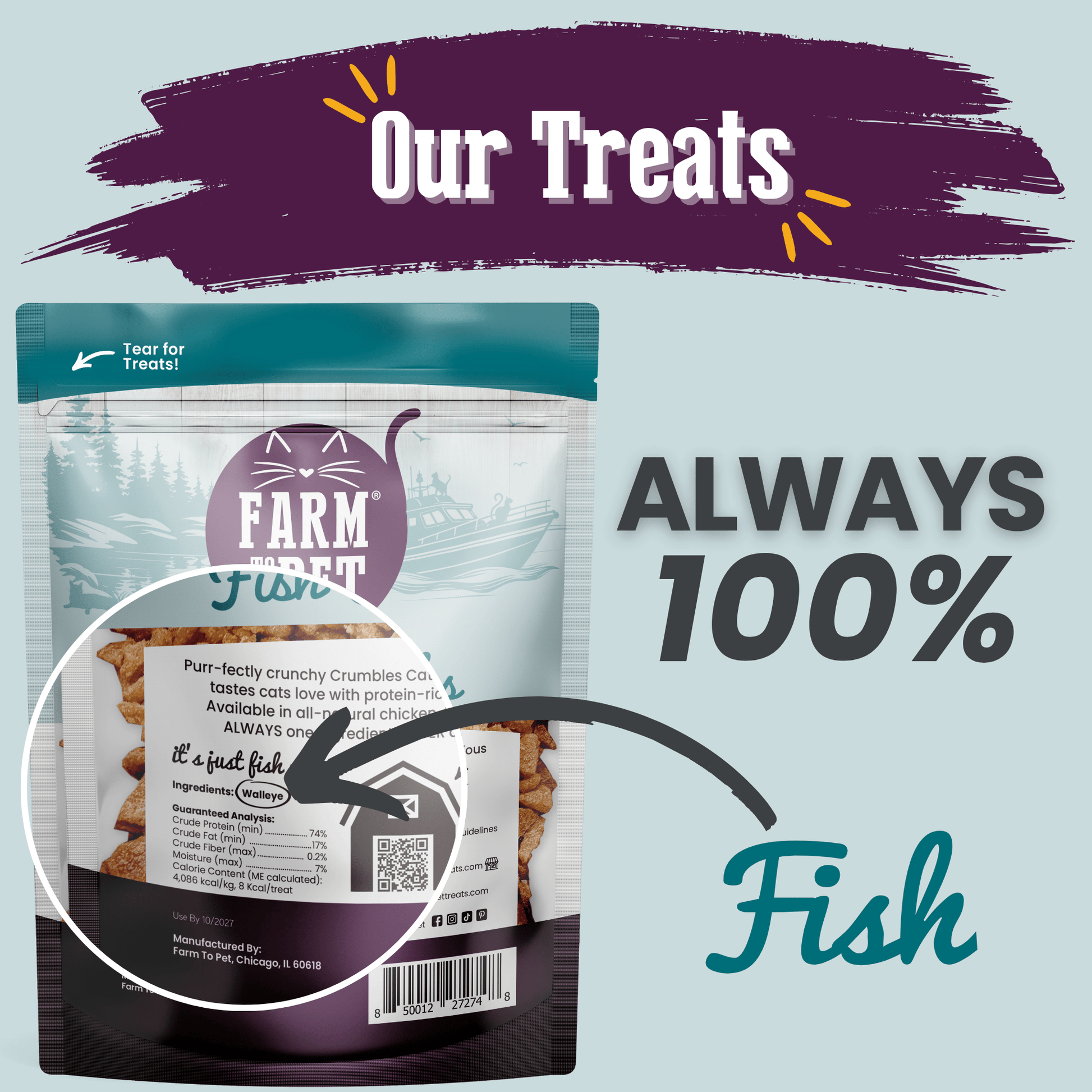 Cat treat package with 'Farm Fresh' branding and text about 100% fish content on a light blue background.