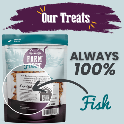 Cat treat package with 'Farm Fresh' branding and text about 100% fish content on a light blue background.