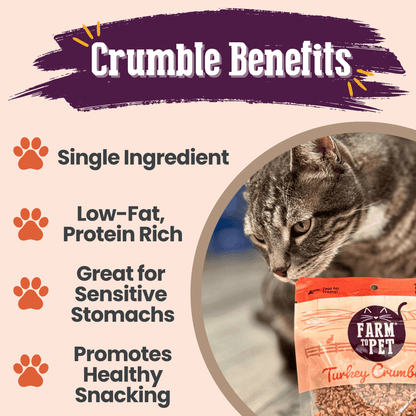 Cat with a 'Farm to Pet' crumble package and text listing benefits on a beige background