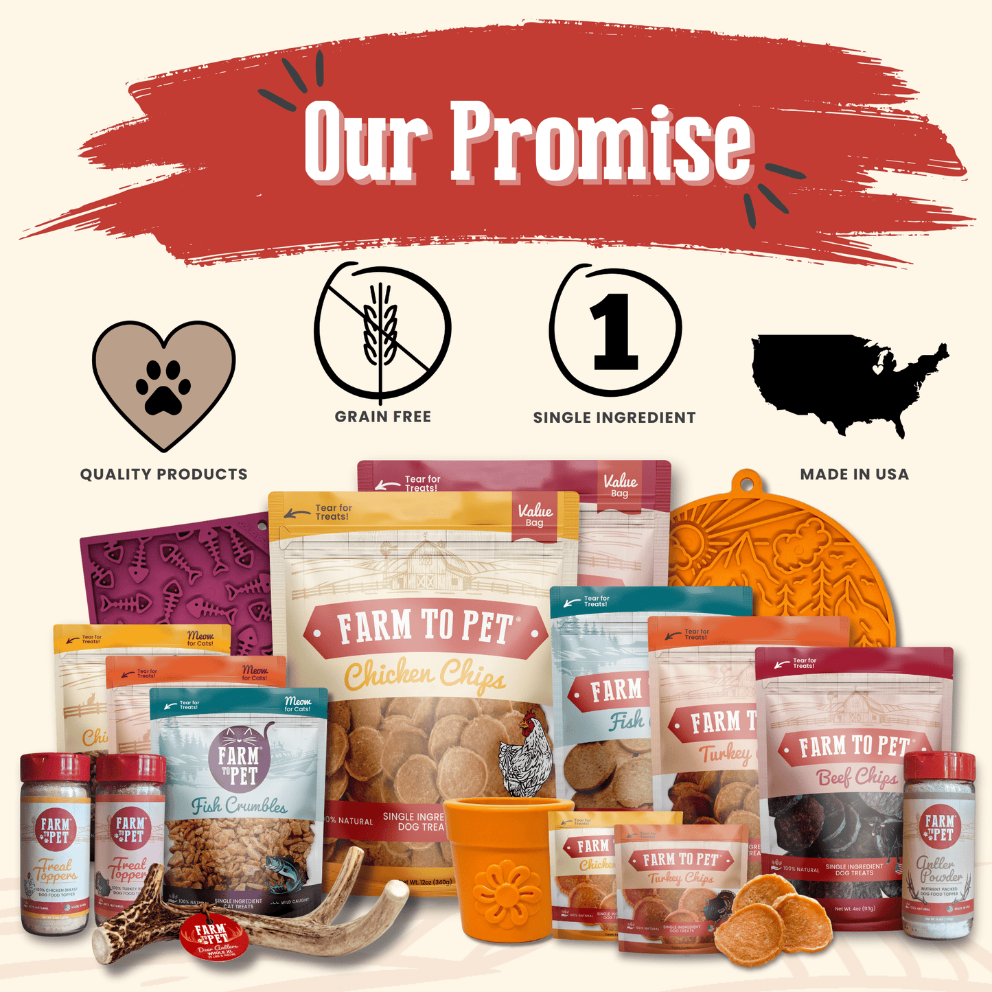 Assorted pet food products with branding elements and 'Our Promise' text on a white background.
