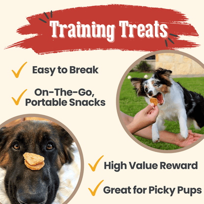 Dog training treats with a dog eating a treat, another dog with a treat on its nose, and text highlighting features.