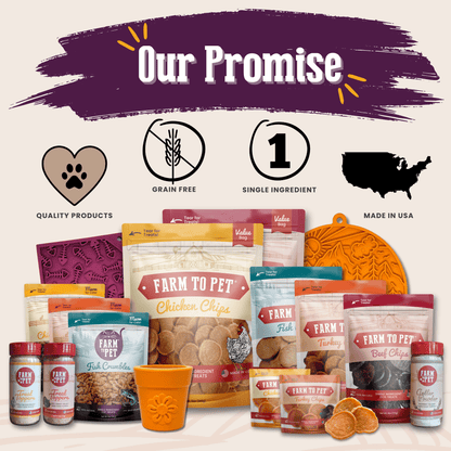 Dog food products with 'Farm to Pet' branding and packaging on a light background.