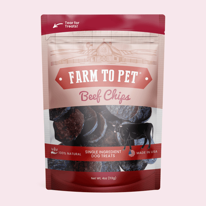 Package of Farm to Pet Beef Chips dog treats on a pink background