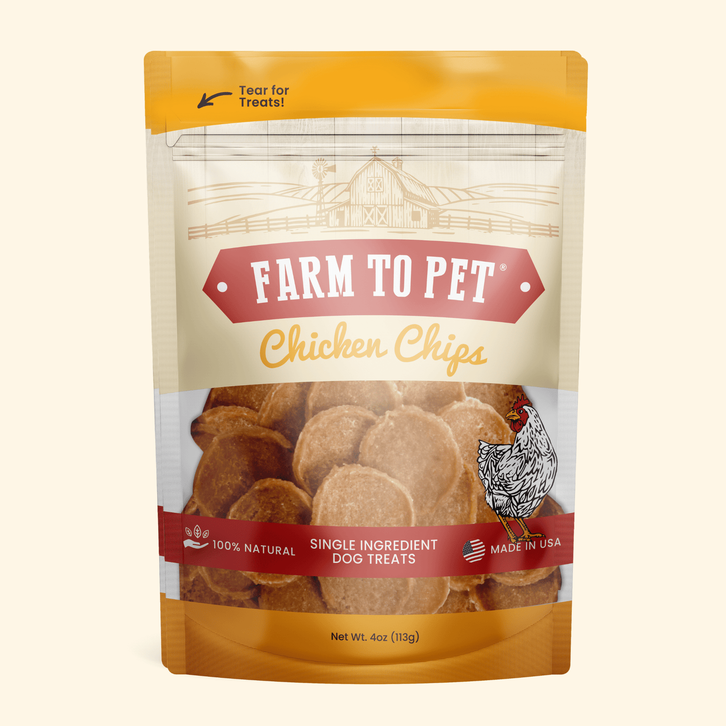 Package of Farm to Pet Chicken Chips dog treats on a white background