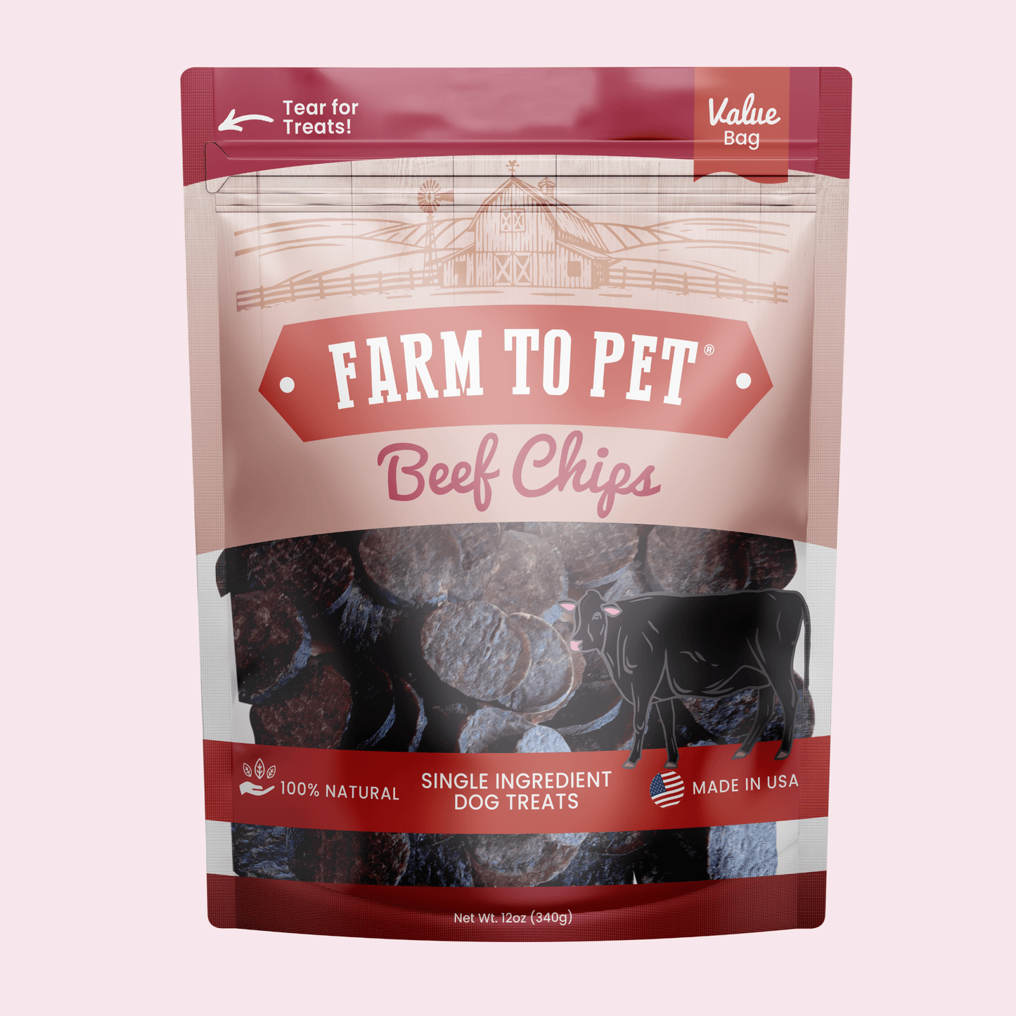 Package of 'Farm to Pet' beef chips dog treats on a pink background