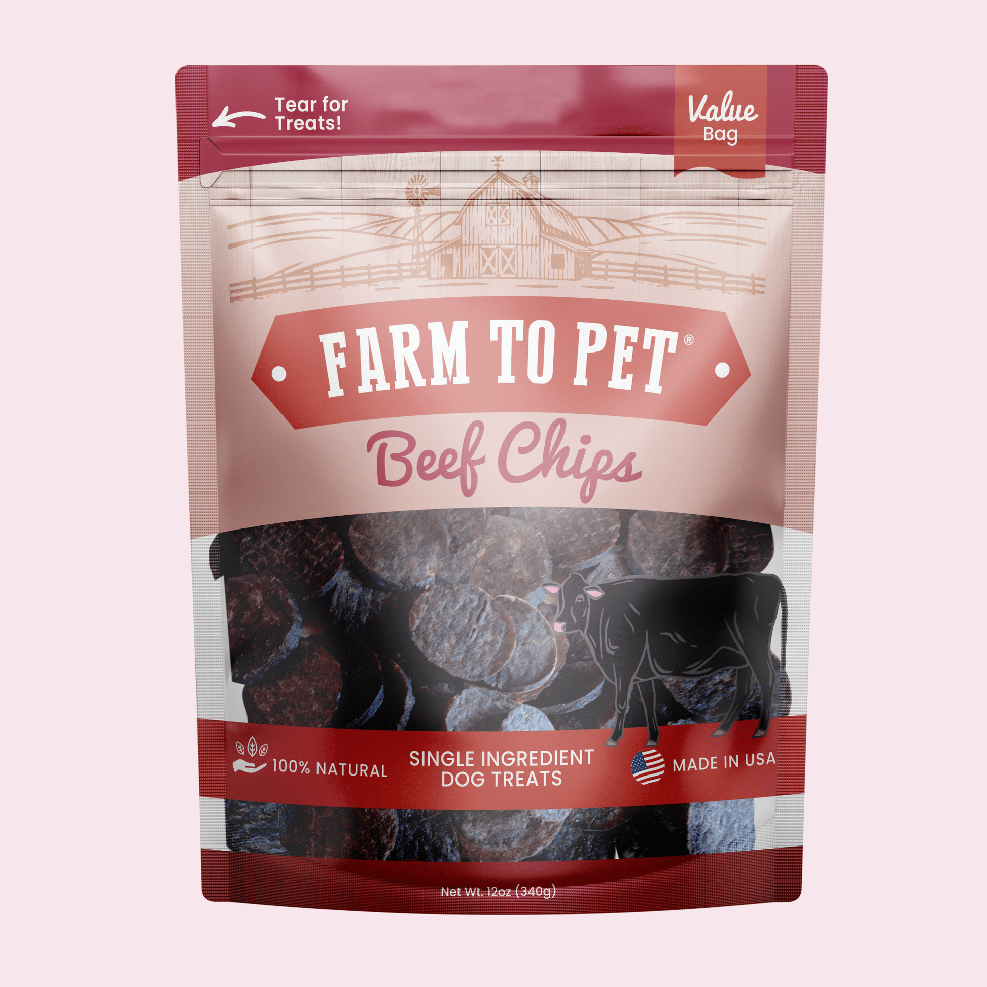 Package of 'Farm to Pet' beef chips dog treats on a pink background