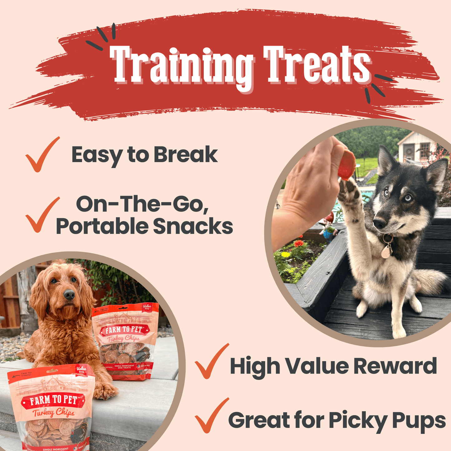 Dog training treats with images of dogs and text highlighting features.