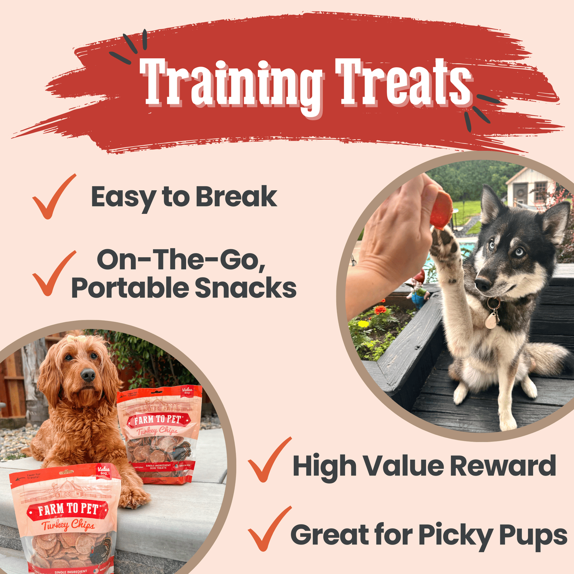 Dog training treats with images of dogs and text highlighting features.