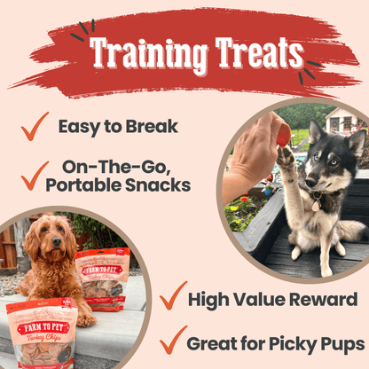 Dog training treats with images of dogs and text highlighting features.