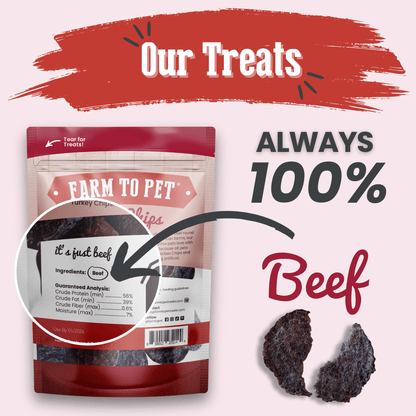 Farm to Pet dog treat package with text highlighting 100% beef content on a white background.