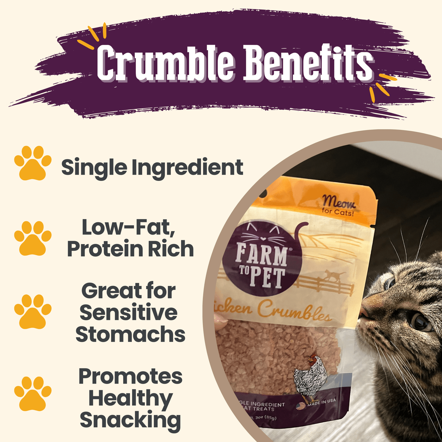 Crumble benefits for cats with a package and cat in the background