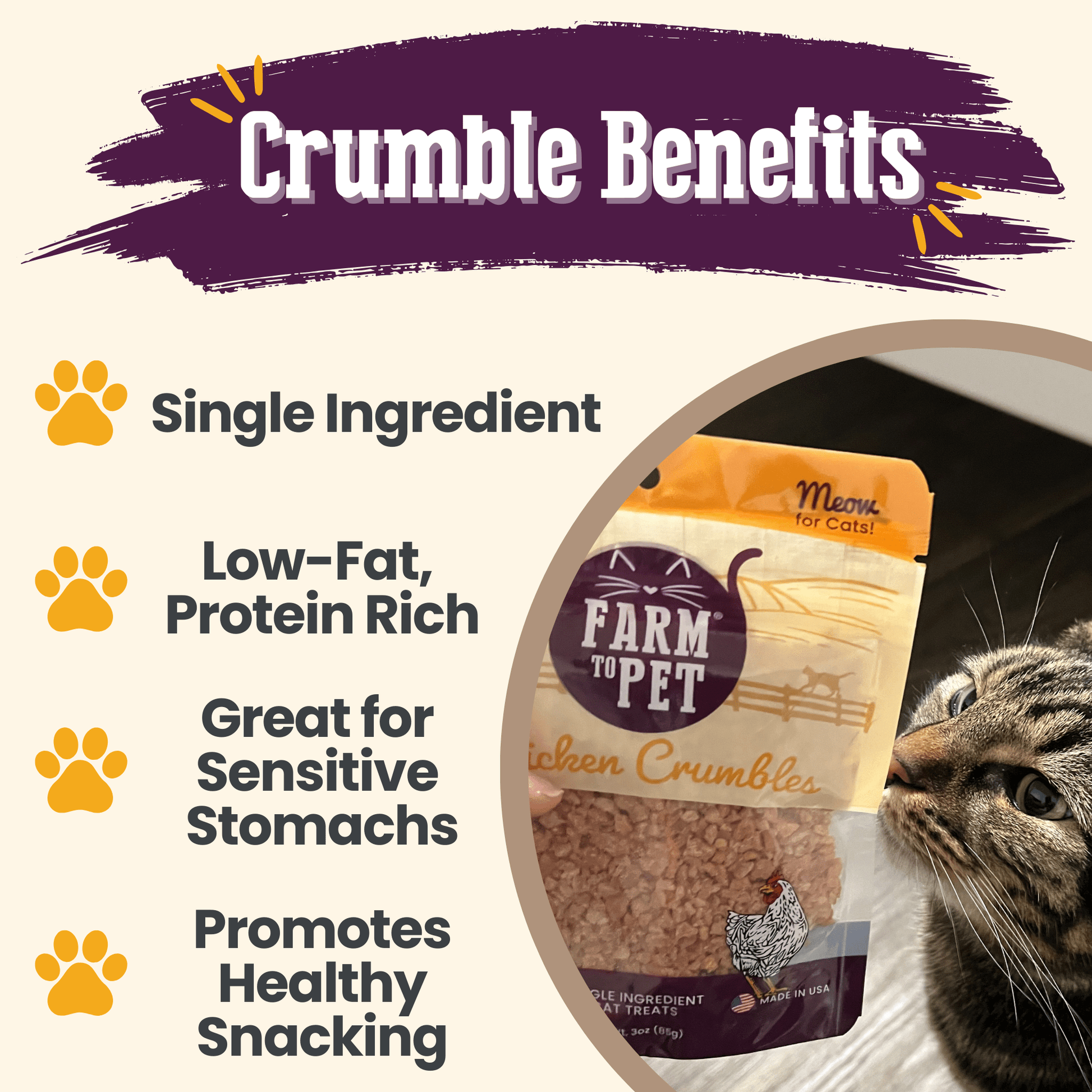 Crumble benefits for cats with a package and cat in the background