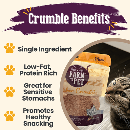 Crumble benefits for cats with a package and cat in the background