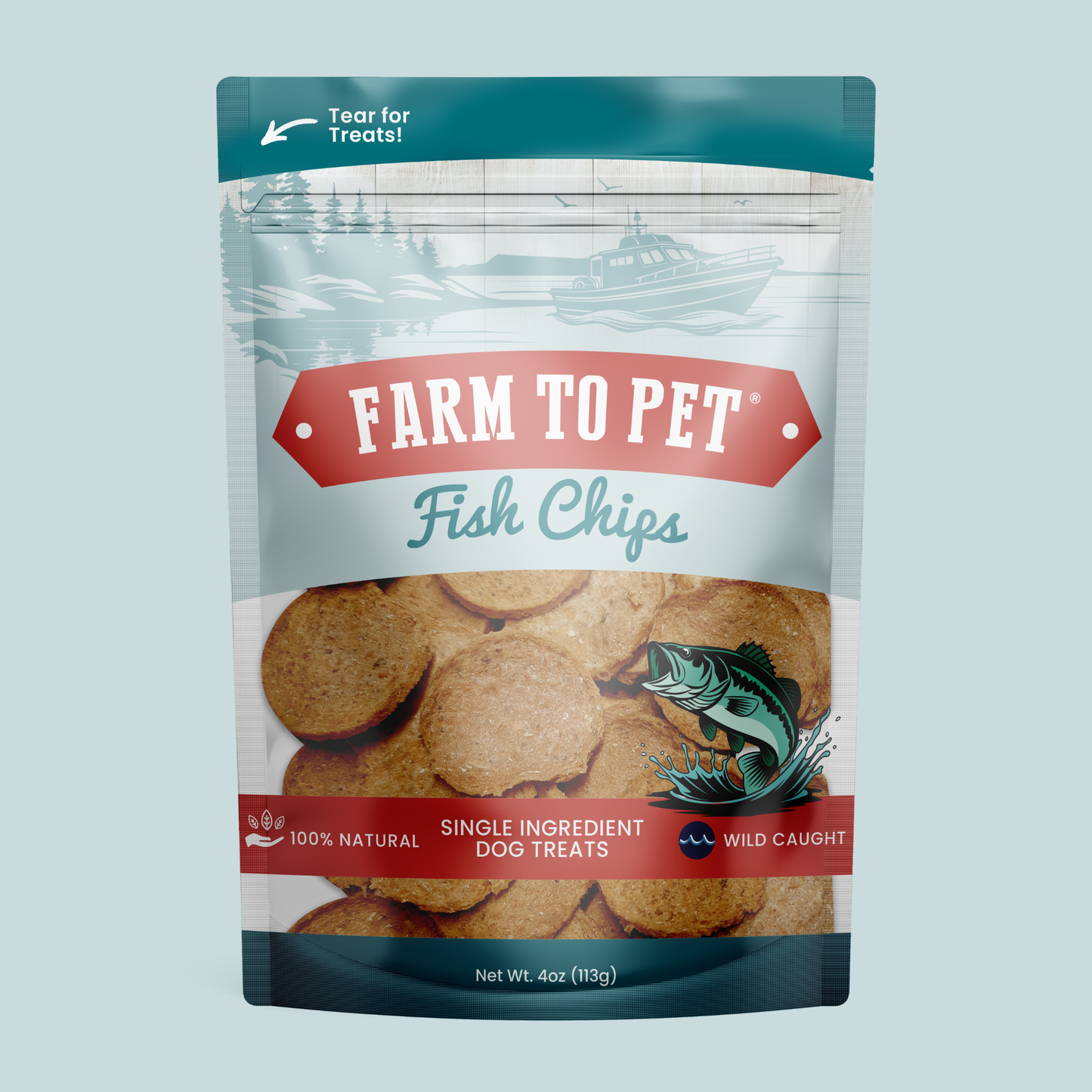 Package of Farm to Pet Fish Chips on a light blue background
