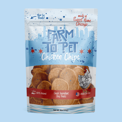 Front of Farm To Pet Chicago Chicken Chips dog treats package