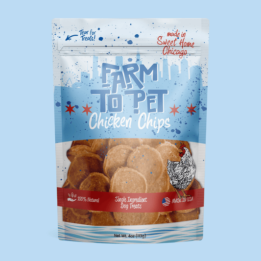 Front of Farm To Pet Chicago Chicken Chips dog treats package