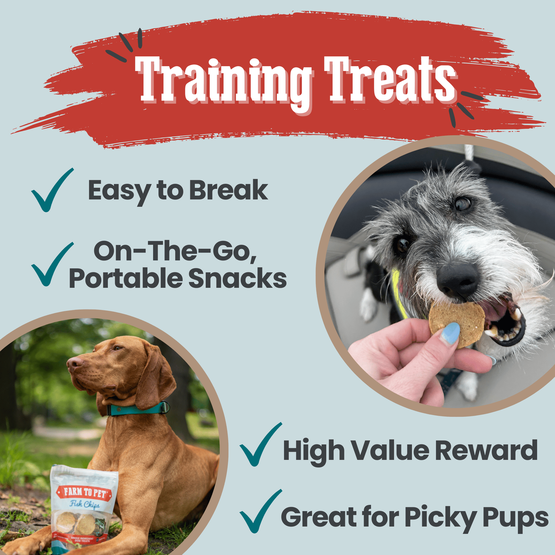 Dog training treats with images of a dog eating a treat, a dog sitting outdoors, and a hand holding a treat. Text highlights features like 'Easy to Break', 'On-The-Go, Portable Snacks', 'High Value Reward', and 'Great for Picky Pups'.